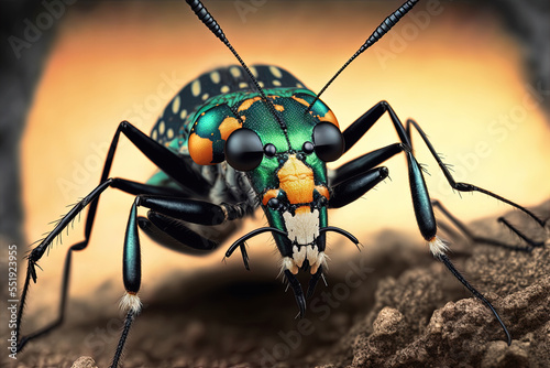 Image taken up close of a cicindela hybrida (northern dune tiger beetle) Generative AI photo