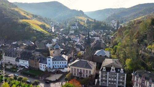 Aerial Drone Shot of Trarbach in autumn Traben-Trarbach City with Morning Fog. River Moselle, Germany. Moselland. photo