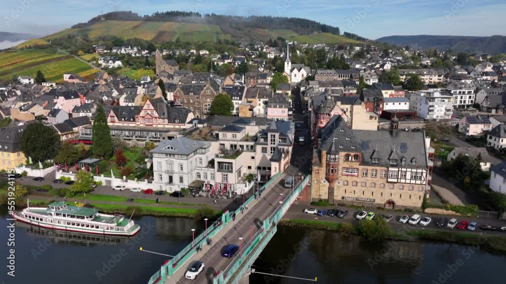 Aerial Drone Shot of Trarbach in autumn Traben-Trarbach City with Morning Fog. River Moselle, Germany. Moselland. Aerial Drone Shot of Trarbach in autumn Traben-Trarbach City with Morning Fog. River Moselle, Germany. Moselland.