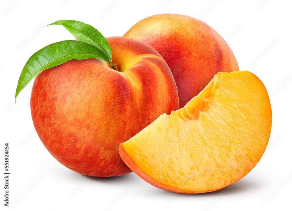 Peach isolated. Whole peaches with a slice on white background. Peach fruit with leaf and cut piece. With clipping path. Full depth of field. Peach isolated. Whole peaches with a slice on white background. Peach fruit with leaf and cut piece. With clipping path. Full depth of field.