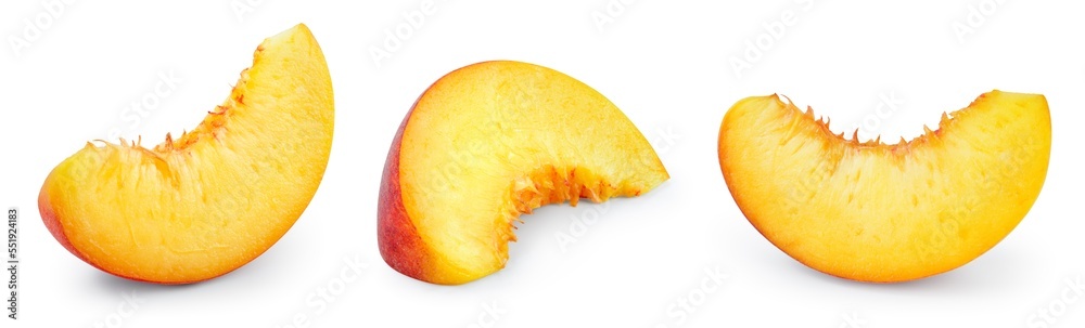 Peach slice isolated. Peach slices collection on white background. Peach pieces set with clipping path. Full depth of field. Peach slice isolated. Peach slices collection on white background. Peach pieces set with clipping path. Full depth of field.