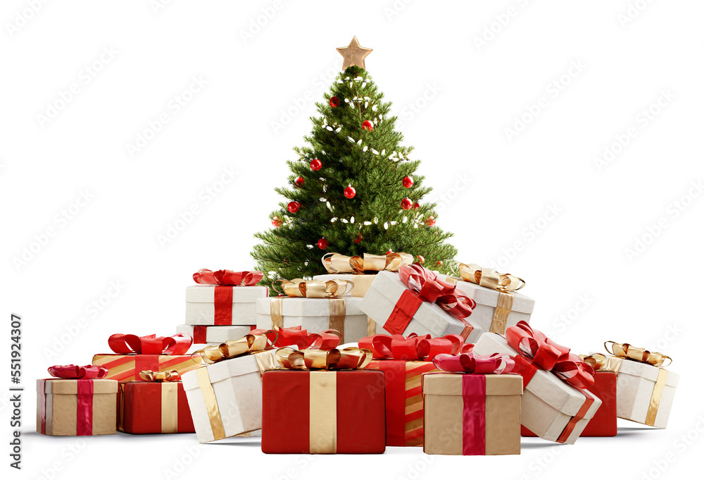 many Christmas gifts, pile of Christmas presents and a green decorated Christmas tree, green fir, 3d-illustration many Christmas gifts, pile of Christmas presents and a green decorated Christmas tree, green fir, 3d-illustration