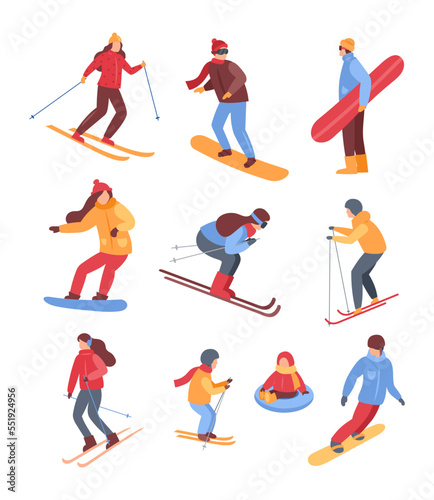 Winter sport activities. Vector set of characters people, ski and snowboard riders, man and woman, tubing children in the ski resort. Skiing, snowboarding vacation concept. Christmas family weekends