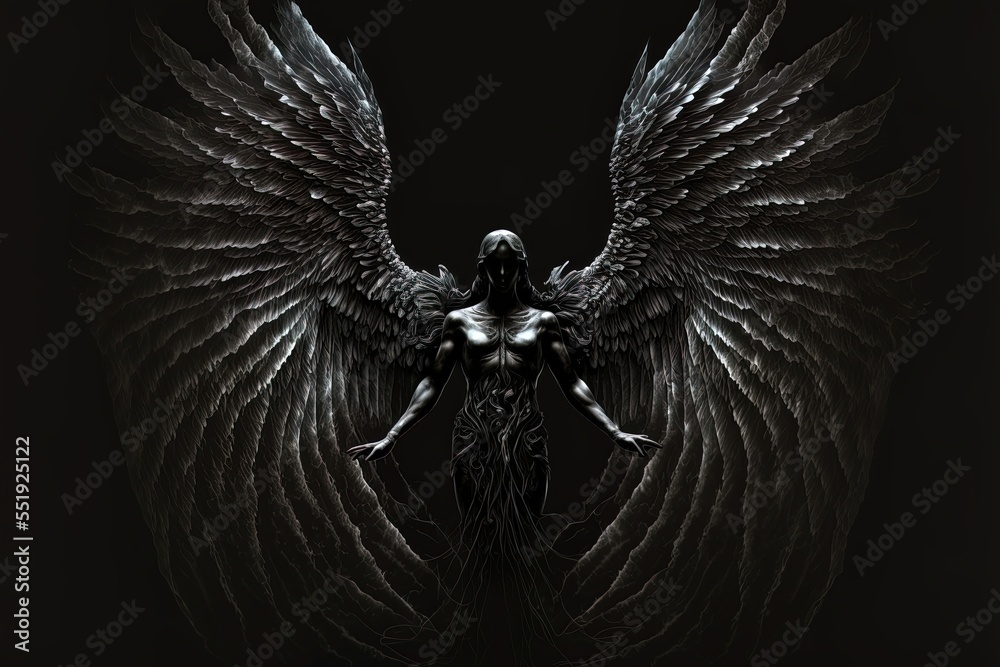 Black angel, big black wings, fantasy. AI Stock Illustration  