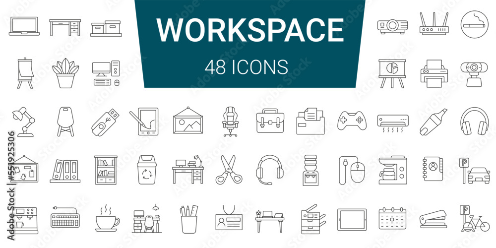 Set of 48 line icons. Workspace and office. Equipment and furniture. Editable stroke