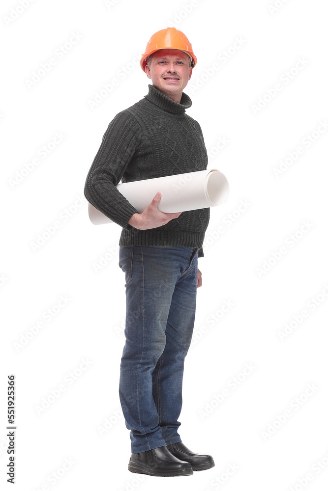 Happy young successful architect with blueprint on white background Happy young successful architect with blueprint on white background