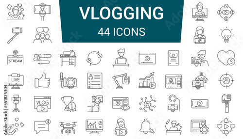 Set of 44 line icons. Vlogging, Blog, Blogger, Influencer and video equipment. Editable stroke