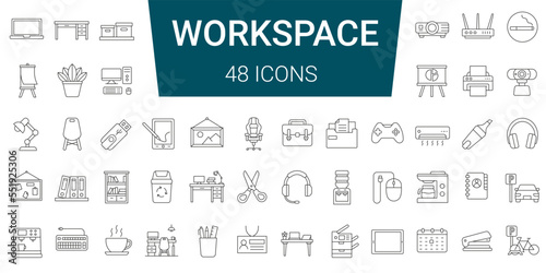 Set of 48 line icons. Workspace and office. Equipment and furniture. Editable stroke