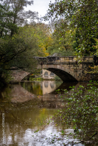Walking along the river Derwent in autumn, view of New bridge and the Shuttle house, Derbyshire, England