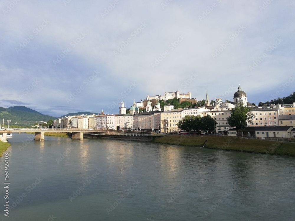Beautiful view of Salzburg with Festung Hohensalzburg and Salzach river