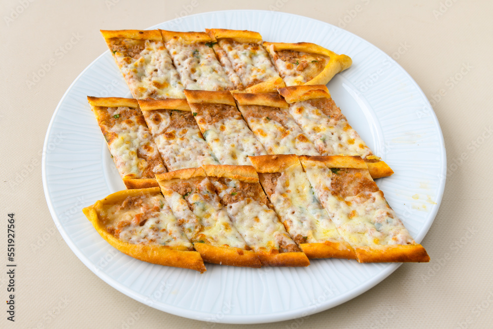 Kiymali pide. Turkish pide with minced meat. Turkish pizza mince pita Pide on white background. Etli ekmek. Kusbasili pide. Kiymali pide. Turkish pide with minced meat. Turkish pizza mince pita Pide on white background. Etli ekmek. Kusbasili pide.