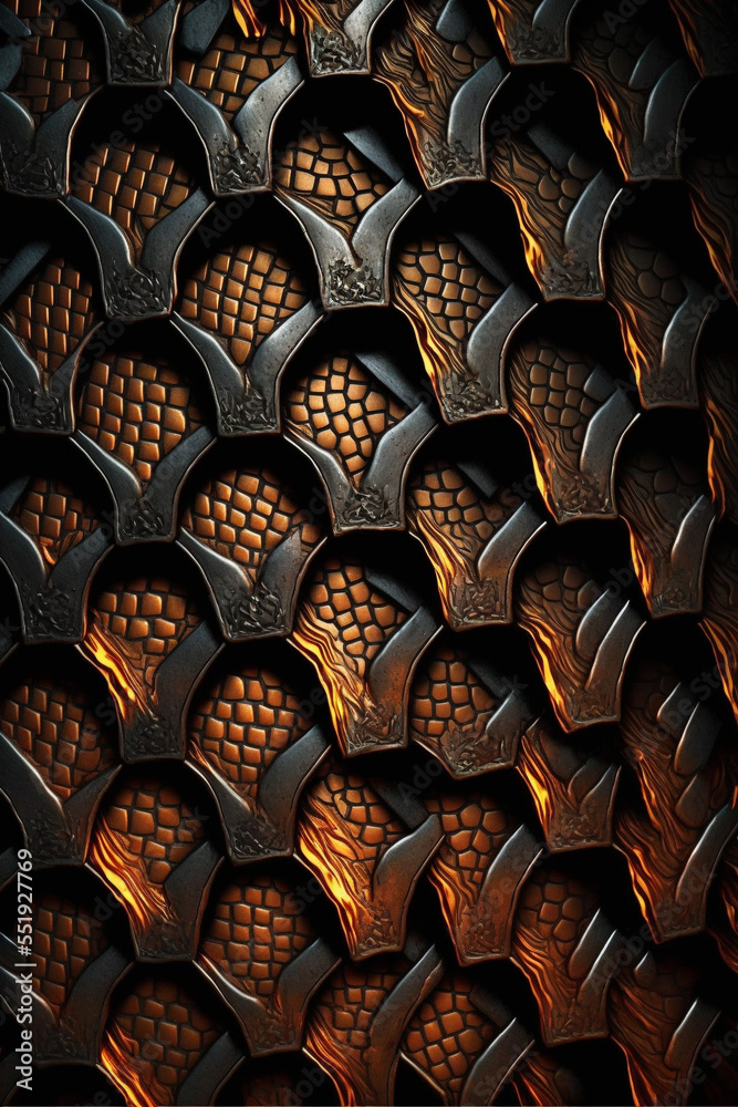 Fototapeta premium Image of Dragon skin futuristic tiles texture. Ai generated content