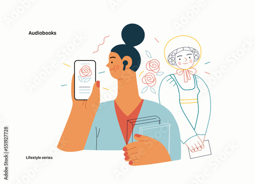 Lifestyle series - Audiobooks - modern flat vector illustration of a woman listening an audiobook with buds in the tablet application and a Victorian Era literary character. People activities concept