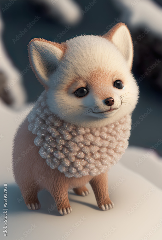 Polar fox smiling his greetings at you, winter dense snowy landscape, greetings card, winter, Christmas, illustration, digital