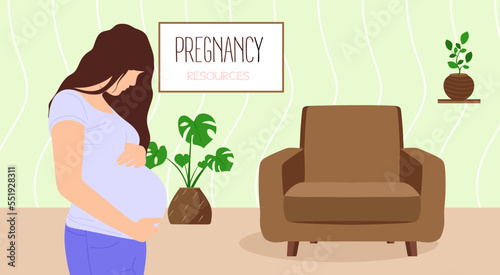 Pregnant woman, future mom hugging belly with arms. Concept pregnancy and motherhood. Flat color Vector illustration eps10