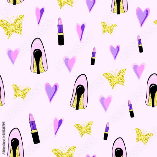 Girly seamless pattern with golden glitters. Heels, lipstick, makeup, heart and butterfly. Packaging template, print, fabric, bed linen and wallpaper.