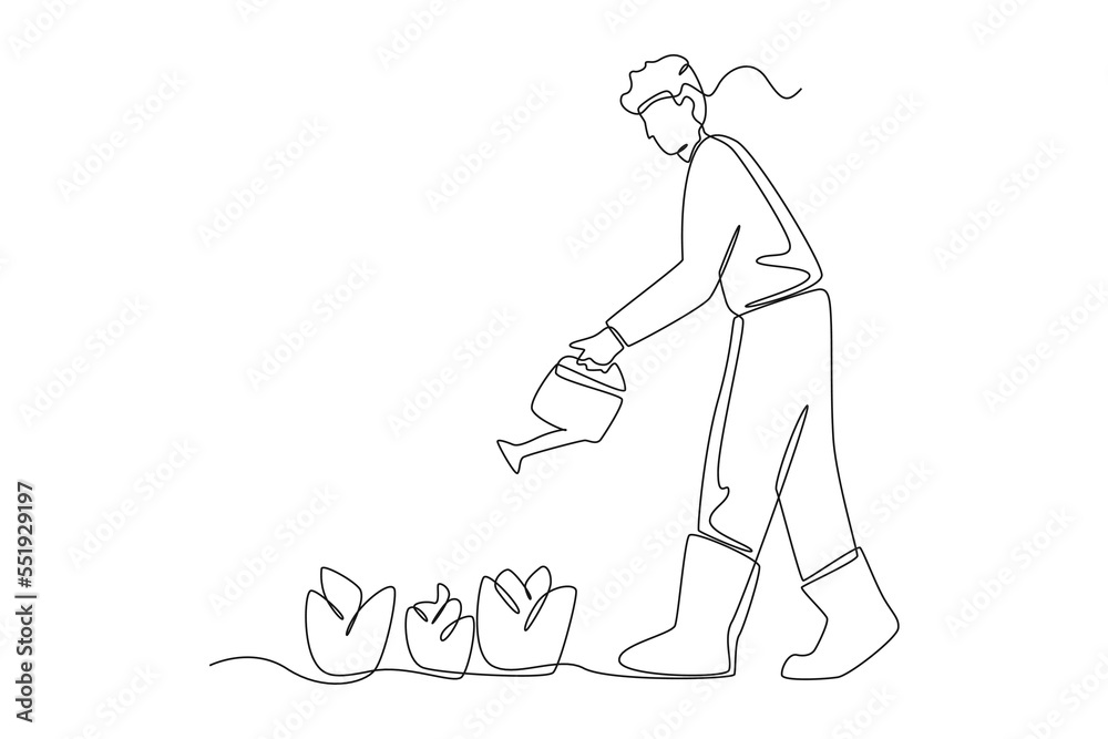 Continuous one line drawing man farmer watering plants in the garden ...