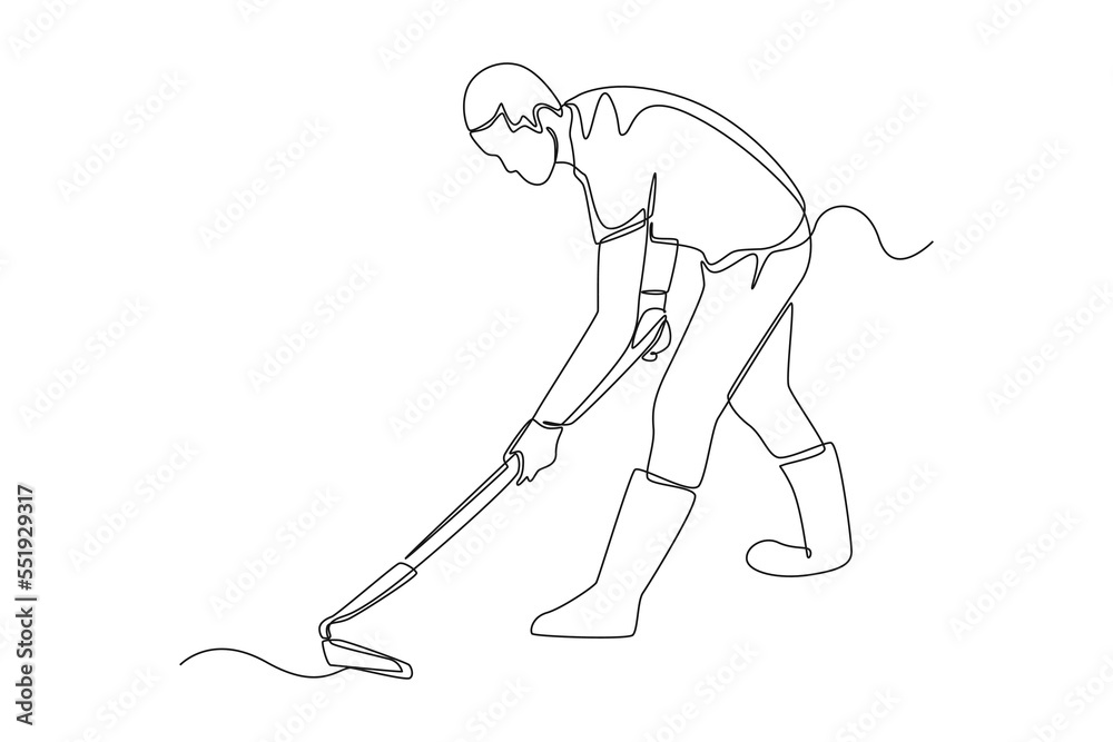 Continuous one line drawing gardener working soil with hoe in garden. Farmer digging with hand tool. Agriculture concept. Single line draw design vector graphic illustration. Continuous one line drawing gardener working soil with hoe in garden. Farmer digging with hand tool. Agriculture concept. Single line draw design vector graphic illustration.
