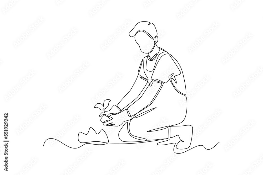Continuous one line drawing Boy farmer planting plant shoots in the ground. Agriculture concept. Single line draw design vector graphic illustration.