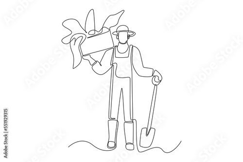 Continuous one line drawing male farmer with hoe carrying vegetable harvest. Agriculture concept. Single line draw design vector graphic illustration.