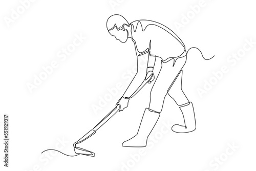 Continuous one line drawing gardener working soil with hoe in garden. Farmer digging with hand tool. Agriculture concept. Single line draw design vector graphic illustration.