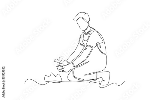 Continuous one line drawing Boy farmer planting plant shoots in the ground. Agriculture concept. Single line draw design vector graphic illustration.