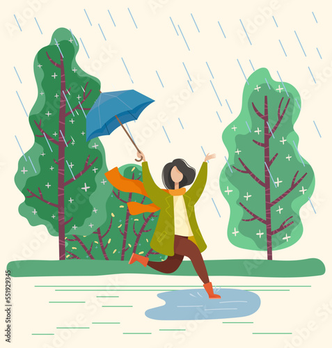 Young woman walking under rain and jumping into puddle. Person dressed in pants, cardigan and scarf. Lady hold waterproof umbrella in hand. Rainy and windy weather in autumn. Vector illustration