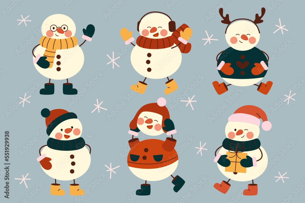 Set of cute christmas snowmens in warm hats, scarves, mittens. Cheerful snowmen in different costumes with gift, deer horns and legs in boots. Winter holidays snow men. Merry Xmas. Flat vector. Set of cute christmas snowmens in warm hats, scarves, mittens. Cheerful snowmen in different costumes with gift, deer horns and legs in boots. Winter holidays snow men. Merry Xmas. Flat vector.