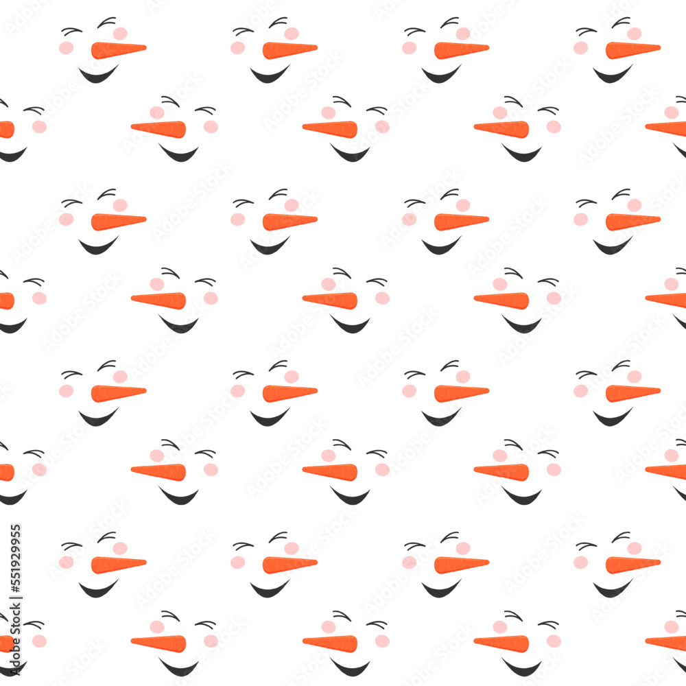Fototapeta premium Funny laughing snowman faces seamless pattern. Cute Winter, Christmas or New Year scrapbooking or wrapping paper, fabric napkin or tablecloth design. Vector cartoonillustration