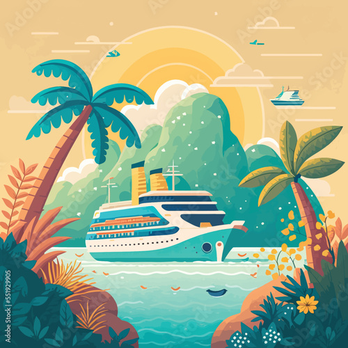 Cruise ship tropical island vacationing background. Luxury voyage cruises on a passenger ship vessel to amazing destinations. Marine relaxation holiday vacation, travel and adventure transport
