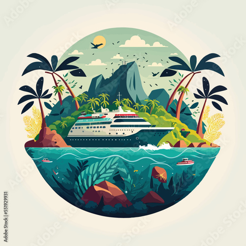 Cruise ship tropical island vacationing background. Luxury voyage cruises on a passenger ship vessel to amazing destinations. Marine relaxation holiday vacation, travel and adventure transport
