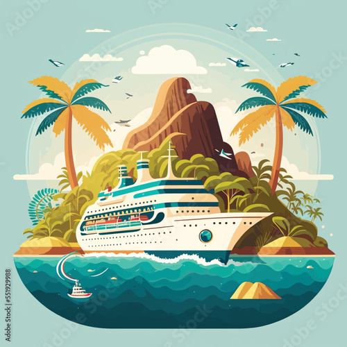 Cruise ship tropical island vacationing background. Luxury voyage cruises on a passenger ship vessel to amazing destinations. Marine relaxation holiday vacation, travel and adventure transport
