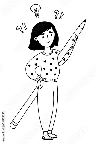 Thinking person. Dreamy, thoughtful girl stands with big pencil. Above it are question marks and an idea. Vector illustration. Hand drawn line drawing doodle.