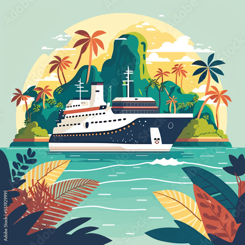 Cruise ship tropical island vacationing background. Luxury voyage cruises on a passenger ship vessel to amazing destinations. Marine relaxation holiday vacation, travel and adventure transport
