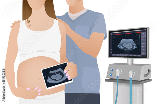 Pregnant woman with ultrasound of her baby. Happy mother-to-be holds the first photo of her unborn child in her hand