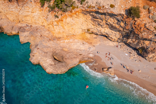 Landscape secret beach of Oludeniz and blue lagoon Turkey Fethiye, aerial top view