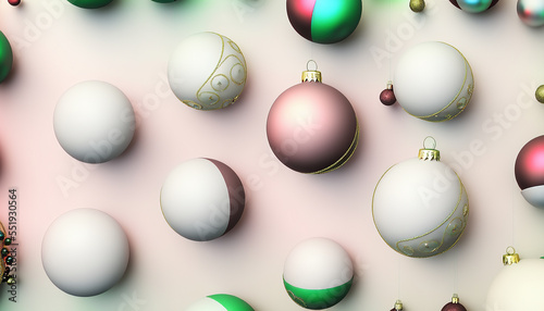 Christmas background, gold, white, green ball hanging, decorations. new year holidays