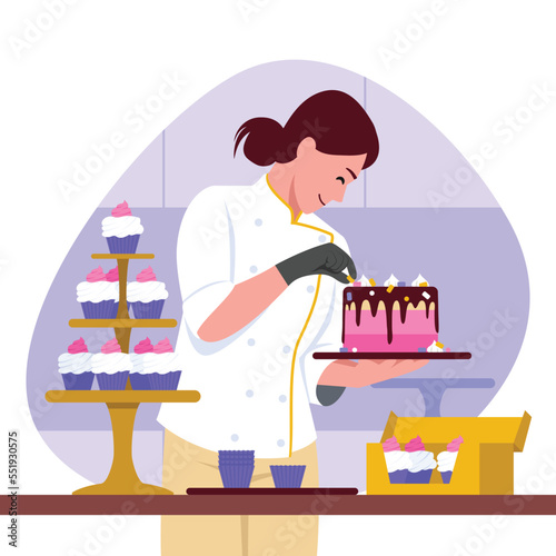 Vector illustration of confectioner. Cartoon scene with pastry chef who makes birthday cake and cupcakes on white background.
