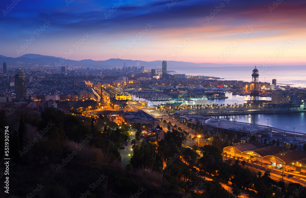 Panorama of Port at Barcelona in dawn time. Catalonia