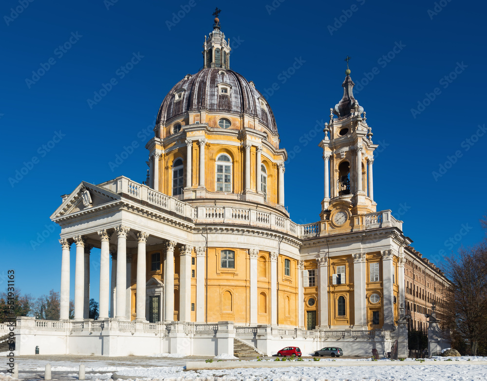 The historic architecture Basilica of Superga church in Turin, Italy.