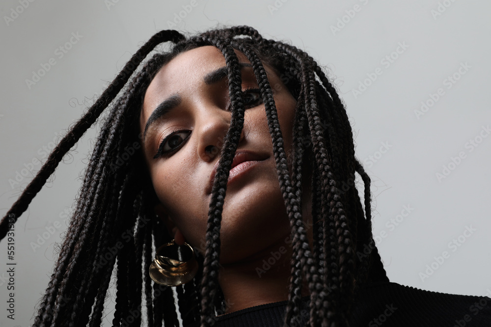 Close-up of young African American woman with dark braids, posing indoor. Close-up of young African American woman with dark braids, posing indoor.