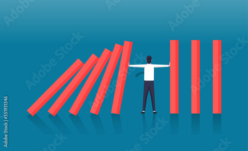 Businessman stopping falling dominos illustration, Risk and crisis management concept