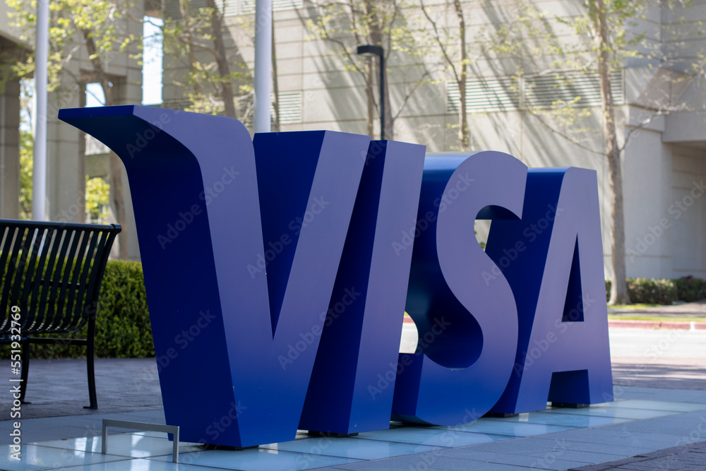 Foster City, CA, USA - May 1, 2022: VISA logo is seen at its headquarters  campus in Foster City, California. VISA, Inc. is a global payments  technology company. Photos | Adobe Stock