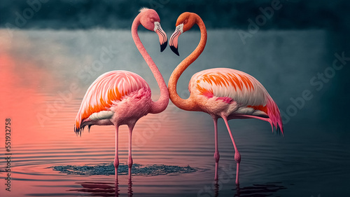 Two pink flamingos couple standing in lake. 