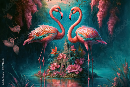 Two flamingos couple standing in lake. Fantasy magical fairy tale landscape with elegant birds.  © Viks_jin