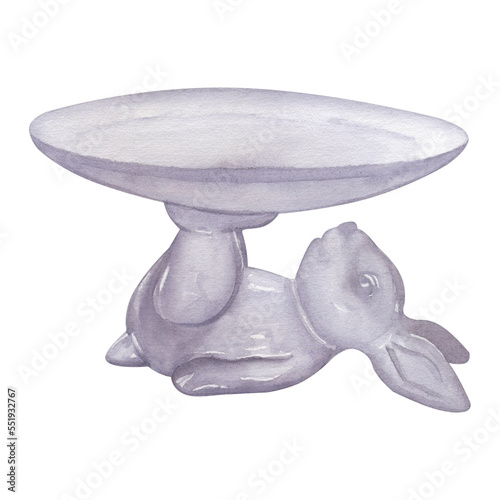 Watercolor illustration glass dishin the form of a rabbit for cake and other food. Hand drawn. photo