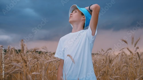 scare teen boy looks at the rainy sky, starting rain, rainy weather in the wheat field, cinematic