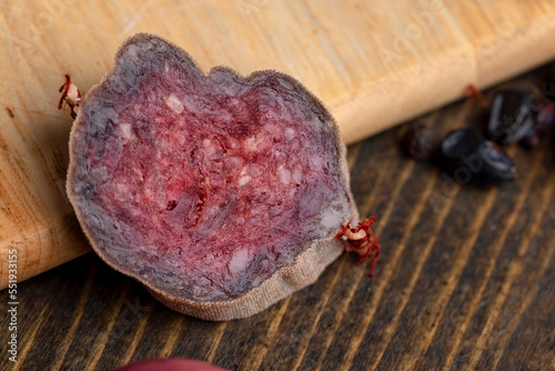 Sausage cut into pieces on the table