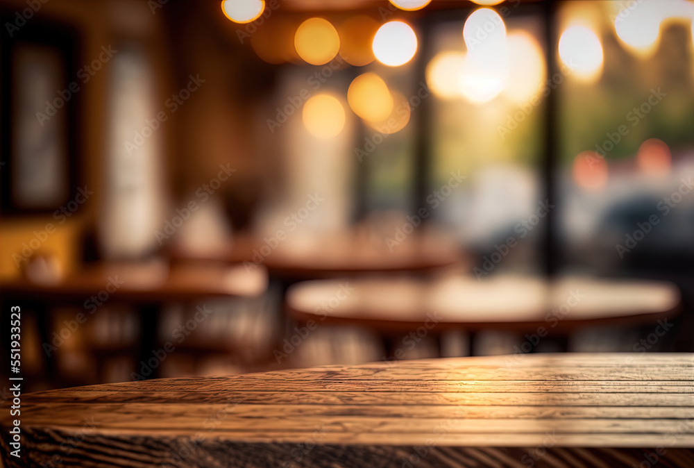 For your photomontage or product presentation, choose a blurry coffee shop or restaurant background with a bokeh picture and a focus empty brown wooden table. Generative AI