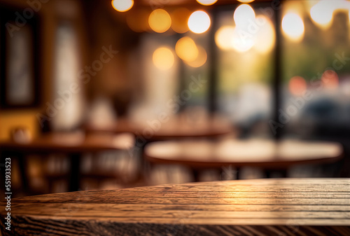For your photomontage or product presentation  choose a blurry coffee shop or restaurant background with a bokeh picture and a focus empty brown wooden table. Generative AI